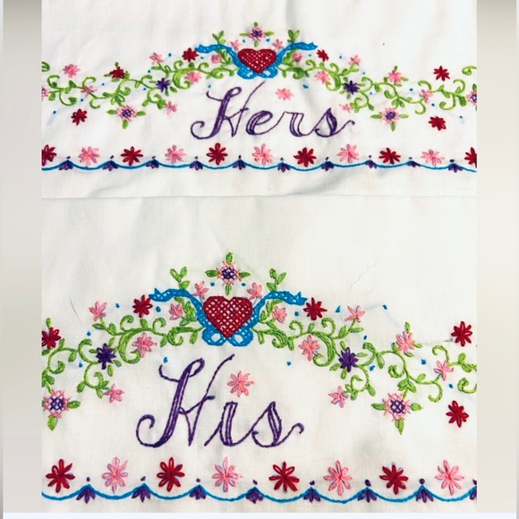 NWOT Vtg pair Hand Embroidered Standard Pillow Cases “ His & Hers” - Picture 1 of 7
